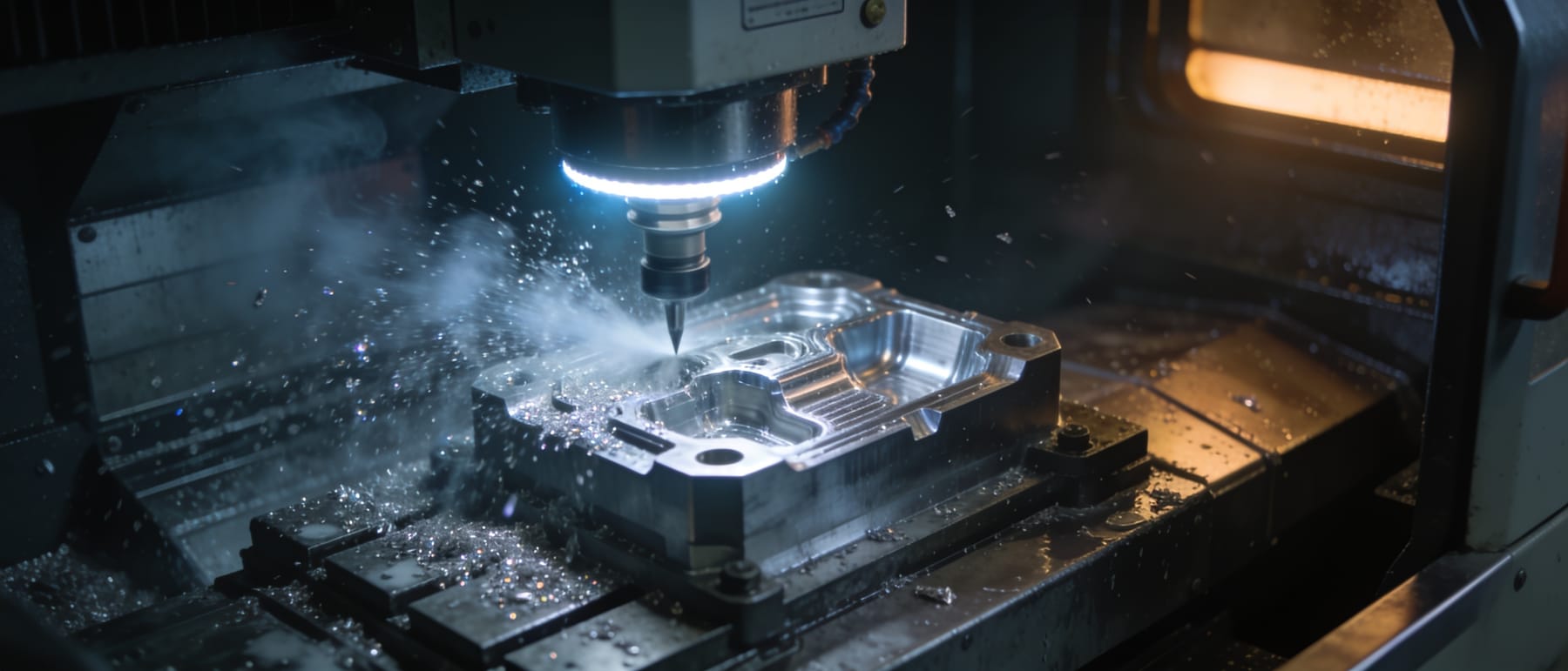 Femaxlig fleroperationsmaskin bearbetar en aluminiumdetalj medan spån och skärvätska sprutar.