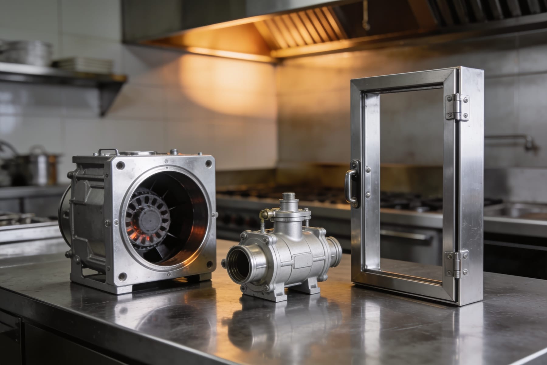 Gjutna och bearbetade aluminiumdelar för professionell köksutrustning på en rostfri bänk.