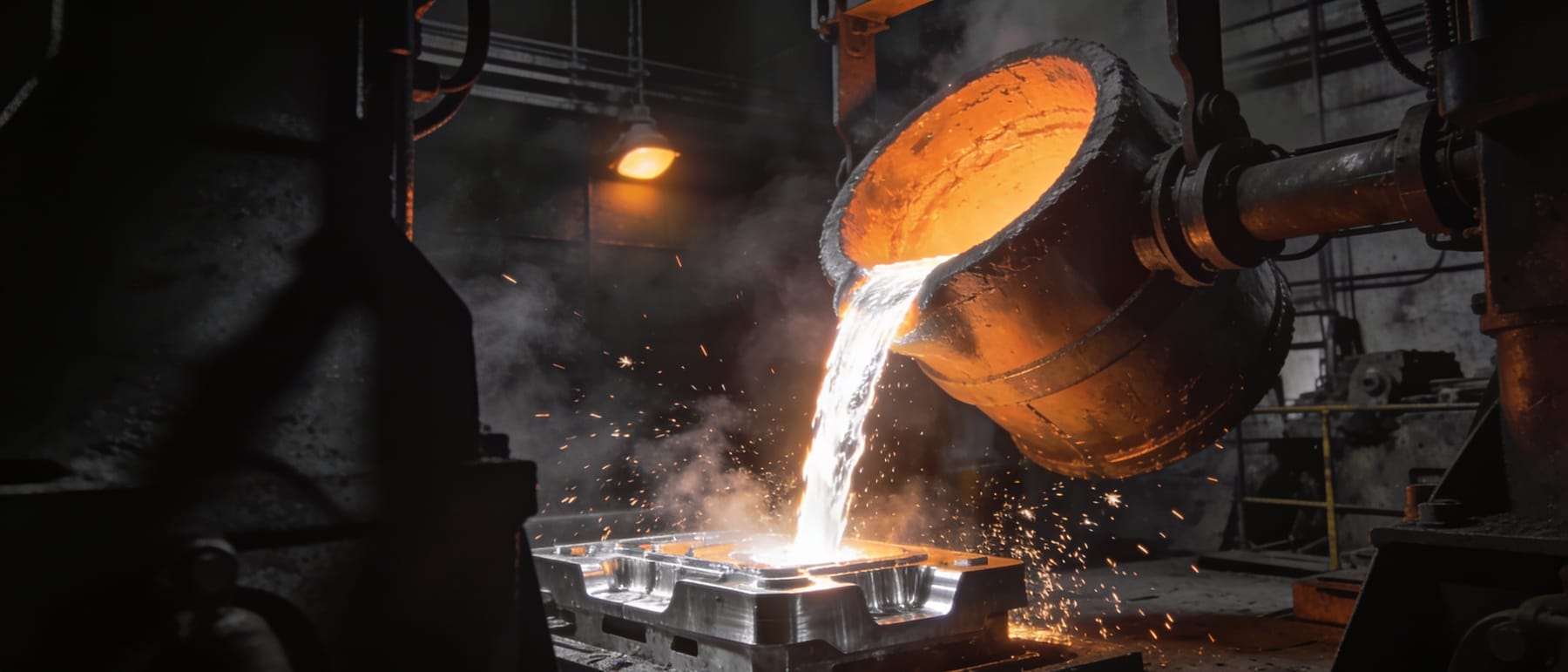 Smält aluminium hälls ur en skänk ner i ett gjutverktyg medan gnistor yr.