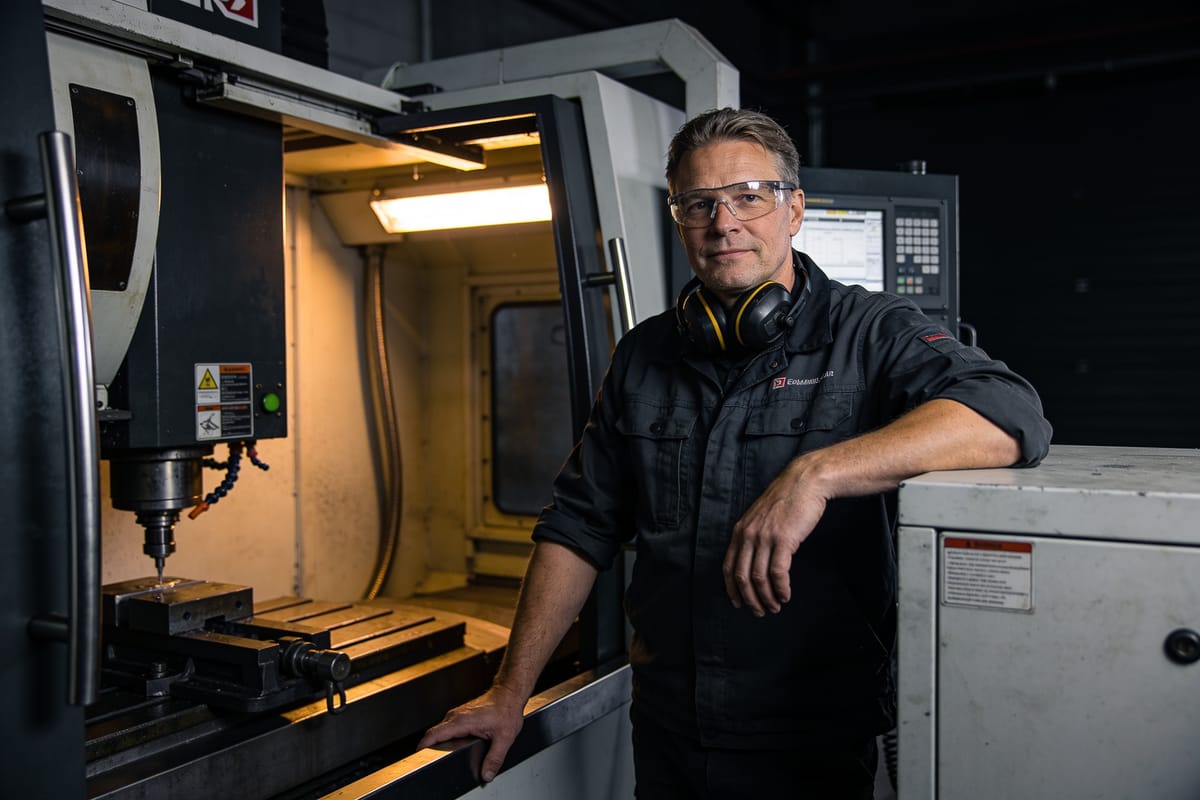 Operatör med skyddsglasögon står vid en CNC-maskin och ser in i kameran.
