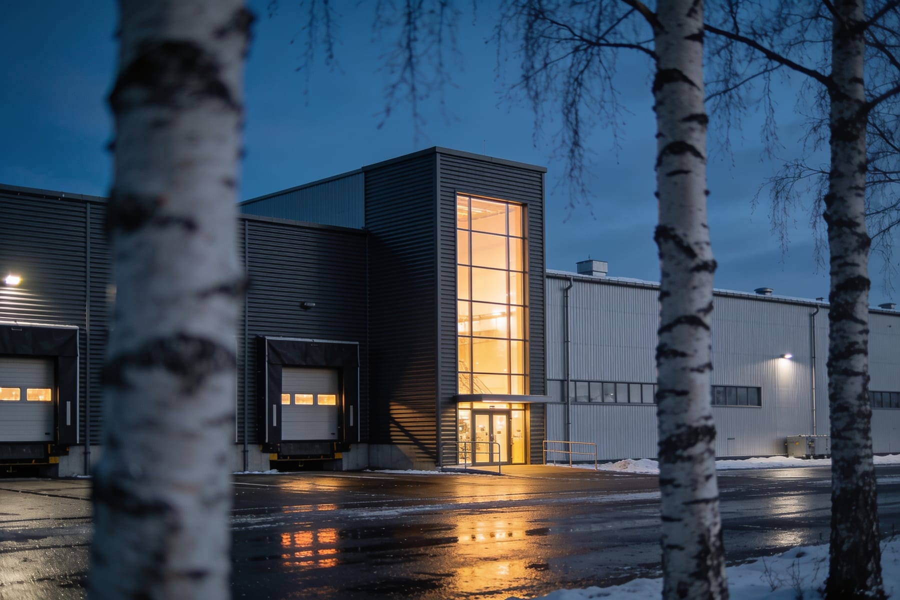 Exteriör av en modern nordisk gjuteribyggnad i skymningsljus.