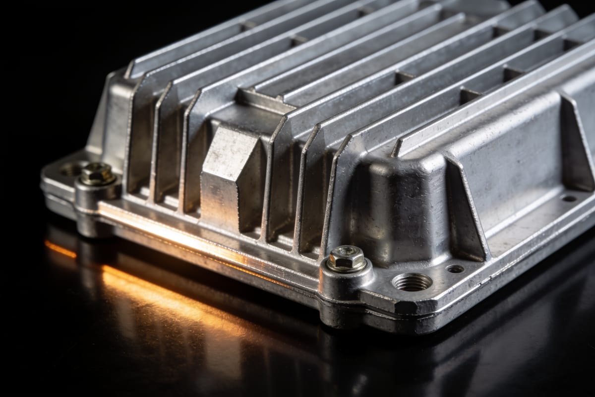 Kylflänsat pressgjutet aluminiumhus med bearbetad tätningsyta och skruvförband.