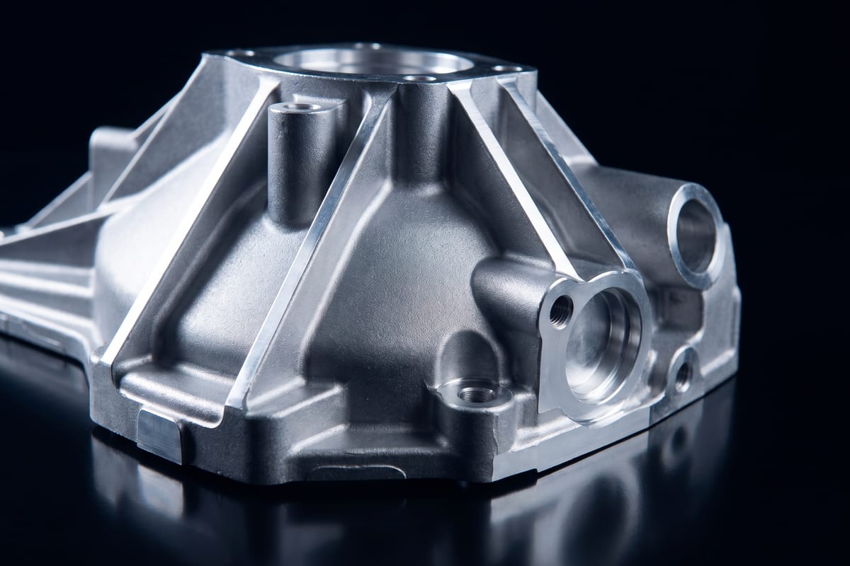 Pressgjutet aluminiumhus med gjutna ribbor och bearbetade ytor mot mörk bakgrund.