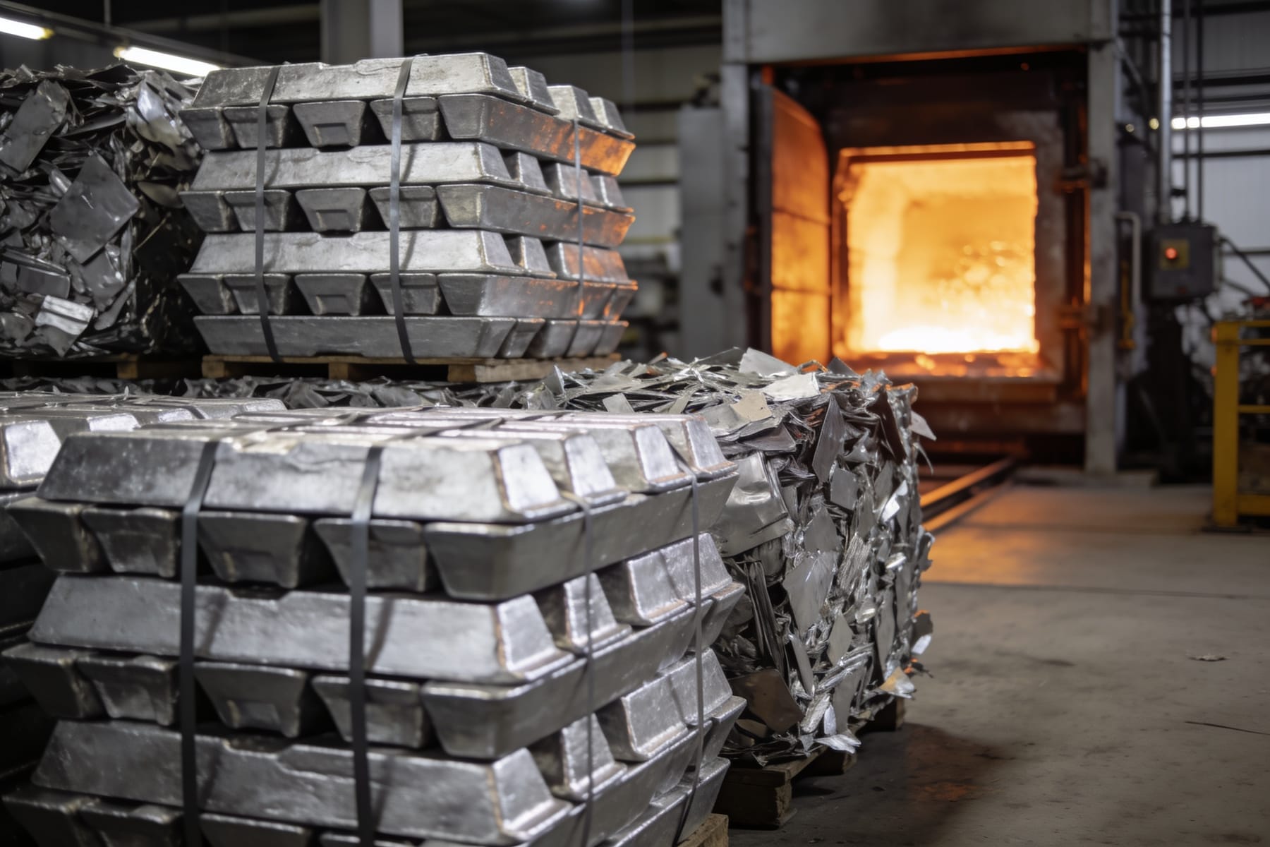 Staplade tackor av återvunnen aluminium framför en glödande smältugn.
