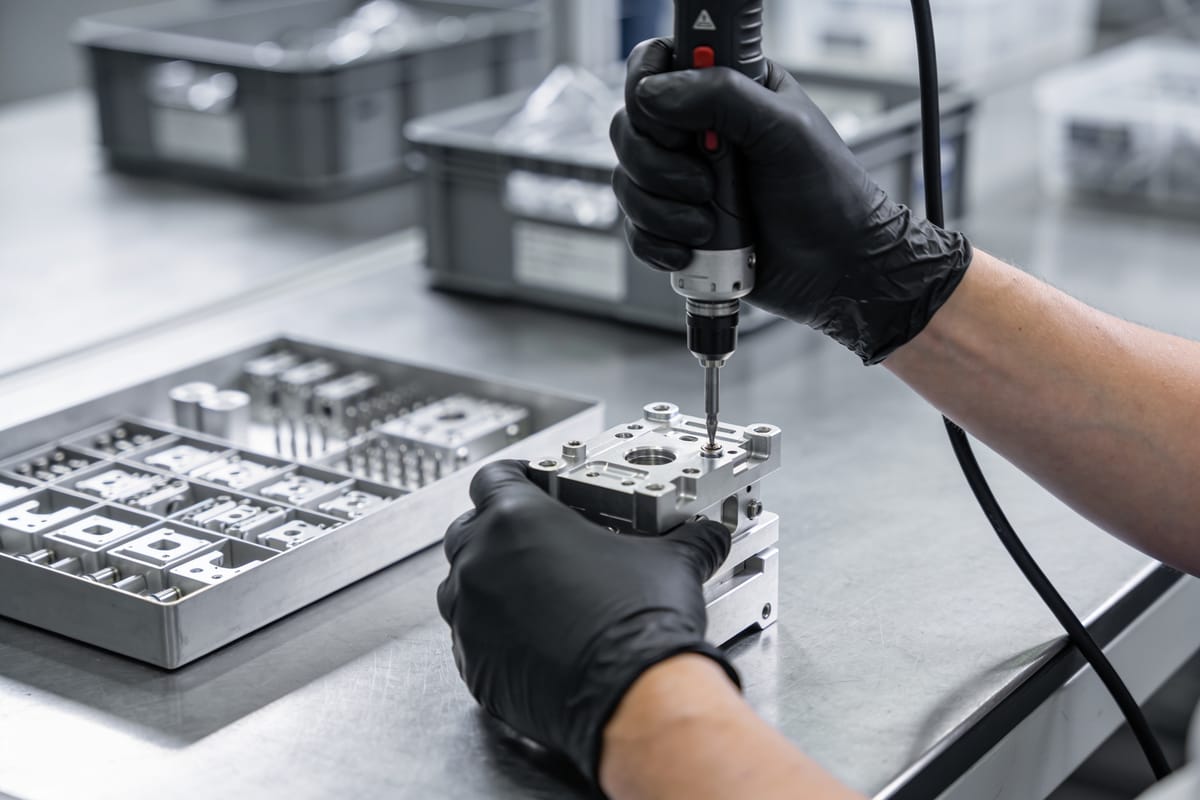 Två behandskade händer monterar ett aluminiumdelsystem med momentskruvdragare.