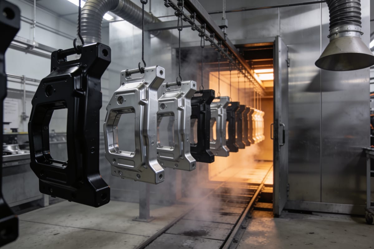 Pulverlackeringslinje där aluminiumdetaljer på travers går in i en härdugn.